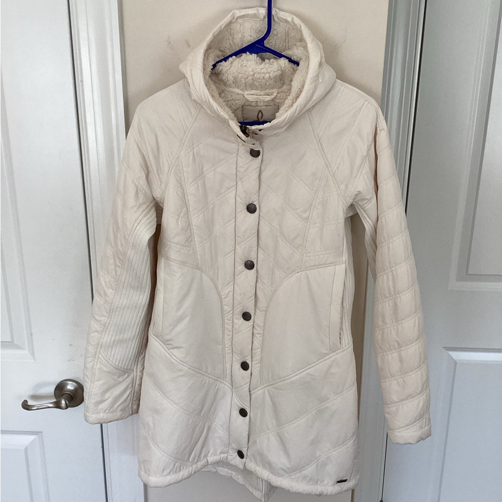 prAna Long Hooded Quilted Jacket full Sherpa Lining, Cream colored, Small
